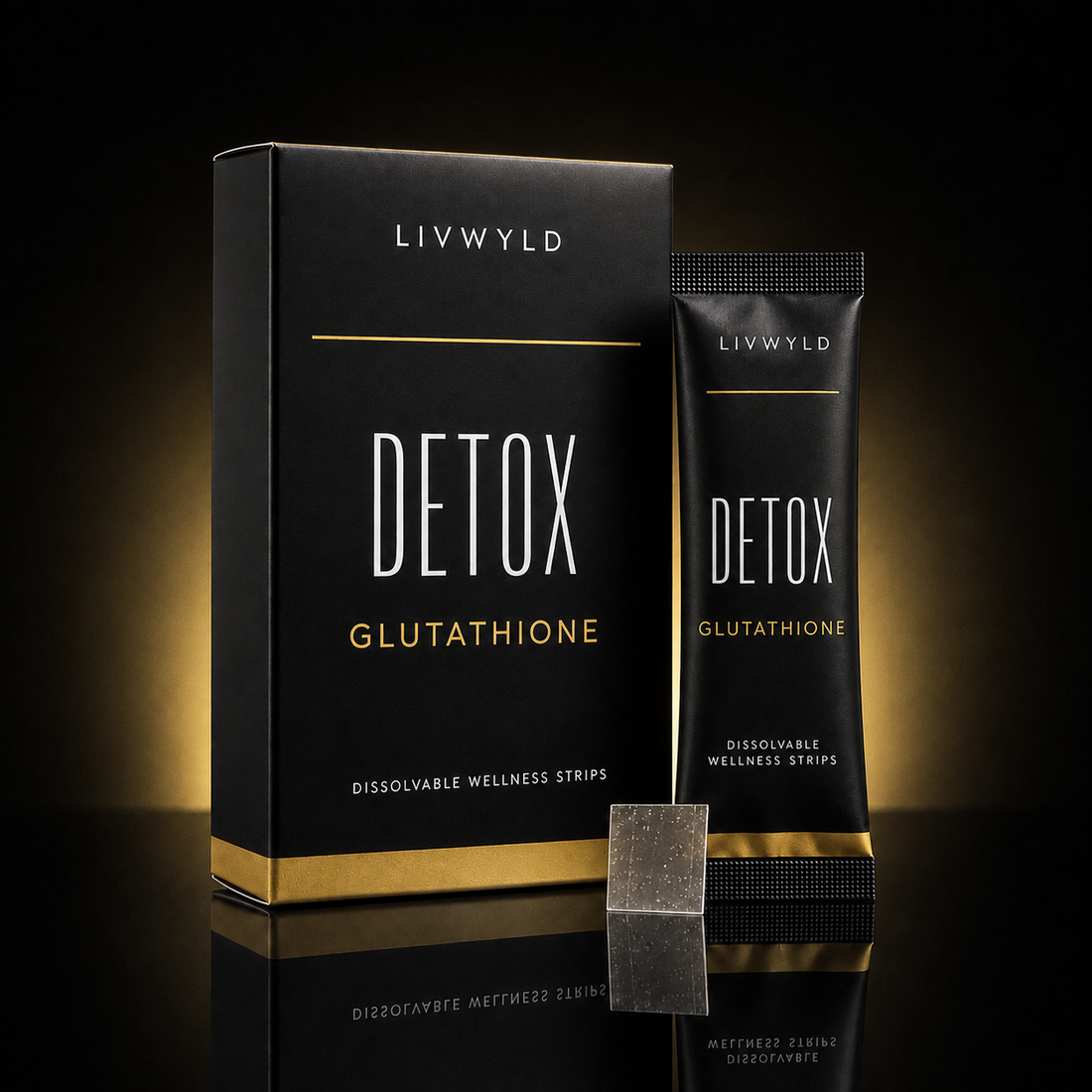 A black and gold LIVWYLD Detox Glutathione wellness product set, featuring a rectangular box and a single strip packet standing upright on a reflective black surface with a gold-lit background.