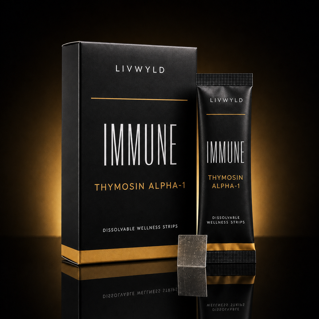 A black LIVWYLD Immune Thymosin Alpha-1 wellness strip box with a matching single strip pack and one loose strip, photographed on a dark reflective surface with warm golden lighting and a black background.