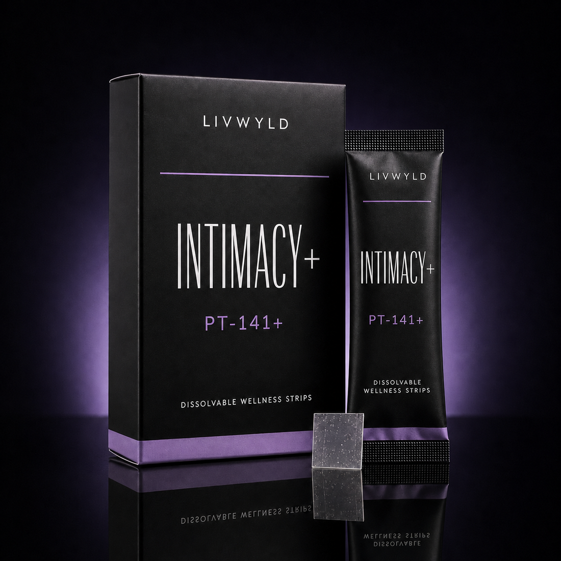 LIVWYLD Intimacy+ PT-141+ dissolvable wellness strips shown with a black product box, a matching strip packet, and a small dark square strip on a dark purple gradient background.