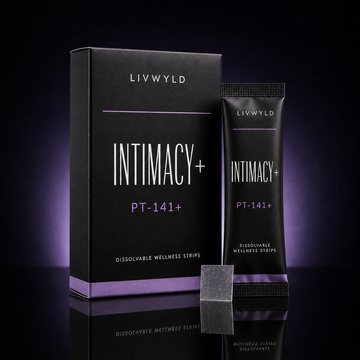 LIVWYLD Intimacy+ PT-141+ dissolvable wellness strips shown with a black product box, a matching strip packet, and a small dark square strip on a dark purple gradient background.