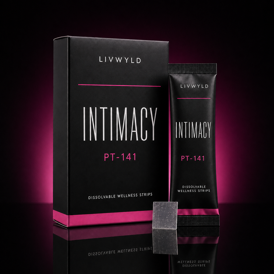 LIVWYLD Intimacy PT-141 dissolvable wellness strips shown with a black product box, a black single-use strip tube, and one dark translucent wellness strip in front, set against a dark studio background with pink glow and reflection.