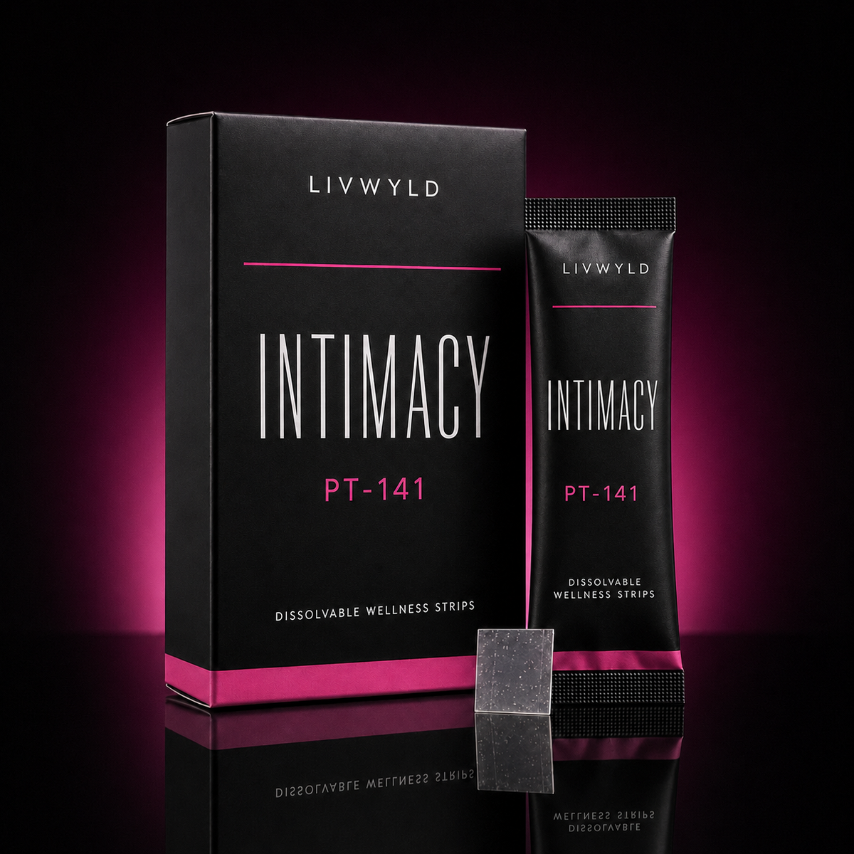 LIVWYLD Intimacy PT-141 dissolvable wellness strips shown with a black product box, a black single-use strip tube, and one dark translucent wellness strip in front, set against a dark studio background with pink glow and reflection.