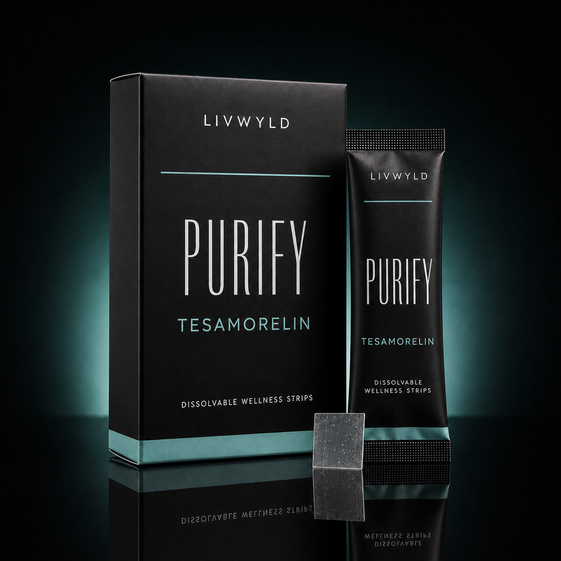 A black box and black single-use strip packet for LIVWYLD Purify Tesamorelin dissolvable wellness strips, with a small dark translucent strip in front, photographed on a dark reflective studio background with teal lighting.