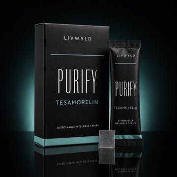 A black box and black single-use strip packet for LIVWYLD Purify Tesamorelin dissolvable wellness strips, with a small dark translucent strip in front, photographed on a dark reflective studio background with teal lighting.