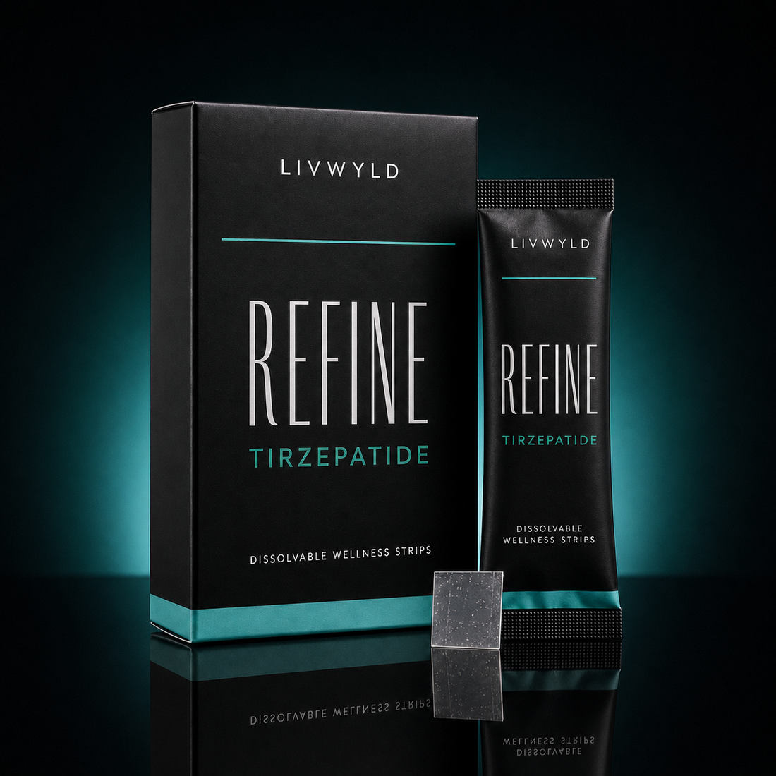 A black product box and matching single-use strip packet for LIVWYLD Refine Tirzepatide dissolvable wellness strips, with one strip shown standing upright in front on a dark teal-lit studio background.
