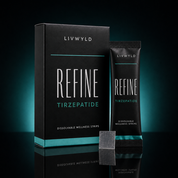 A black product box and matching single-use strip packet for LIVWYLD Refine Tirzepatide dissolvable wellness strips, with one strip shown standing upright in front on a dark teal-lit studio background.