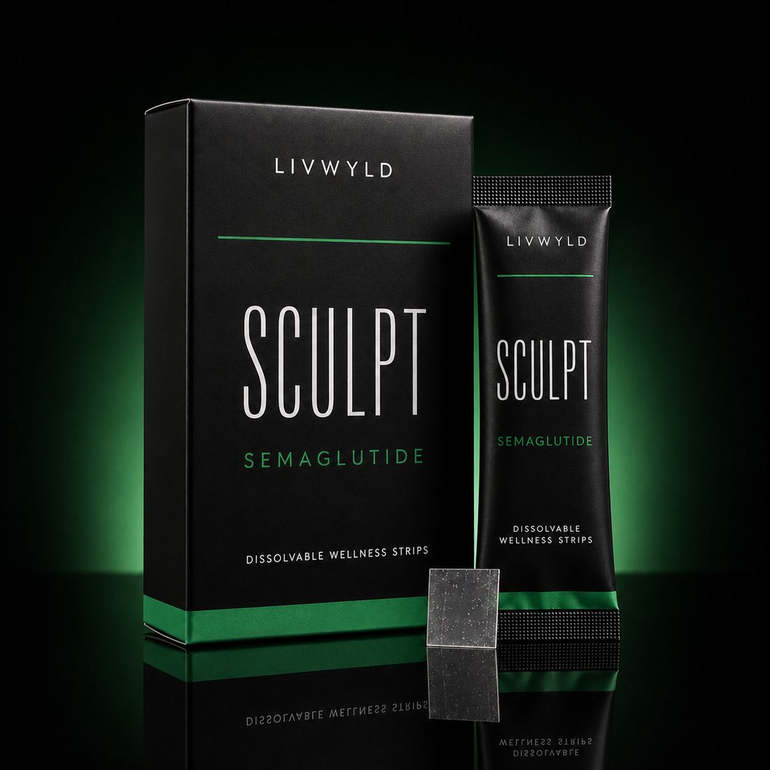 LIVWYLD SCULPT Semaglutide dissolvable wellness strips shown with a black product box, a matching black tube, and a single strip on a dark background with green glow lighting.