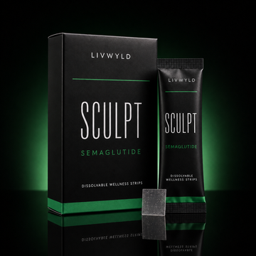 LIVWYLD SCULPT Semaglutide dissolvable wellness strips shown with a black product box, a matching black tube, and a single strip on a dark background with green glow lighting.