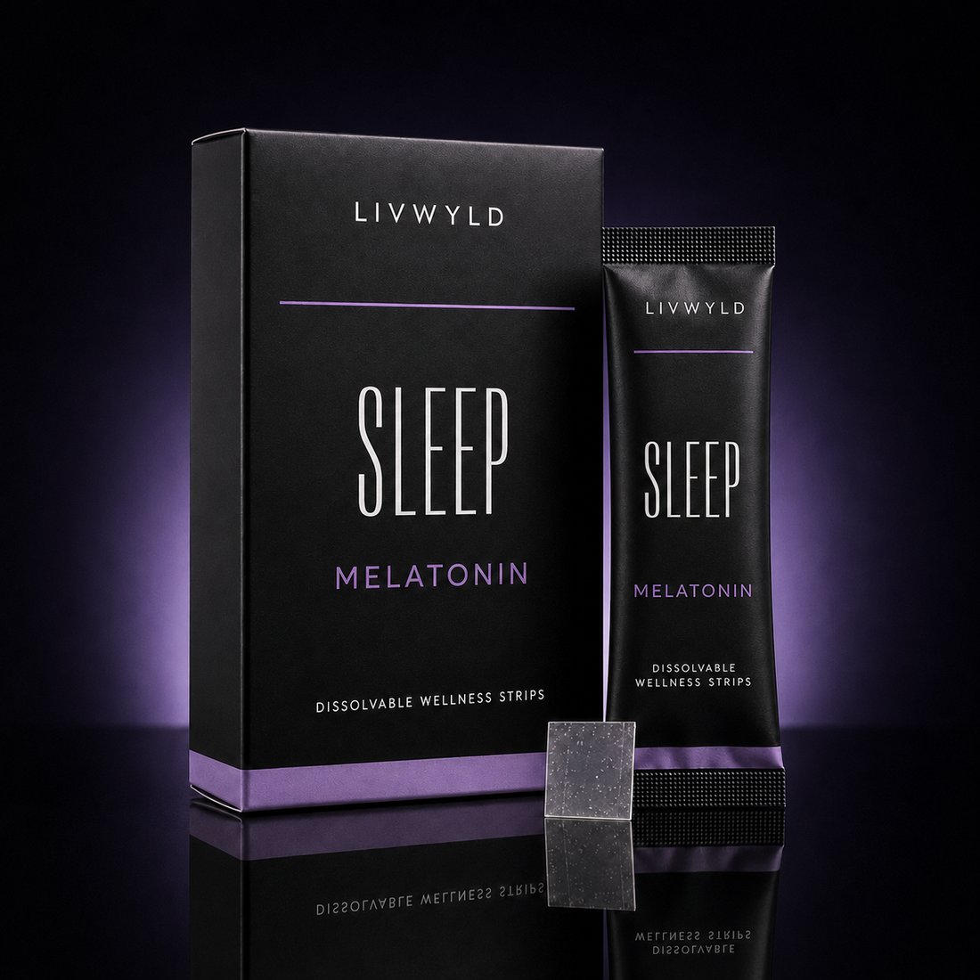 LIVWYLD Sleep Melatonin wellness strips shown with a black product box, a matching single-serve strip packet, and one dark melatonin strip on a dark studio background with purple lighting.