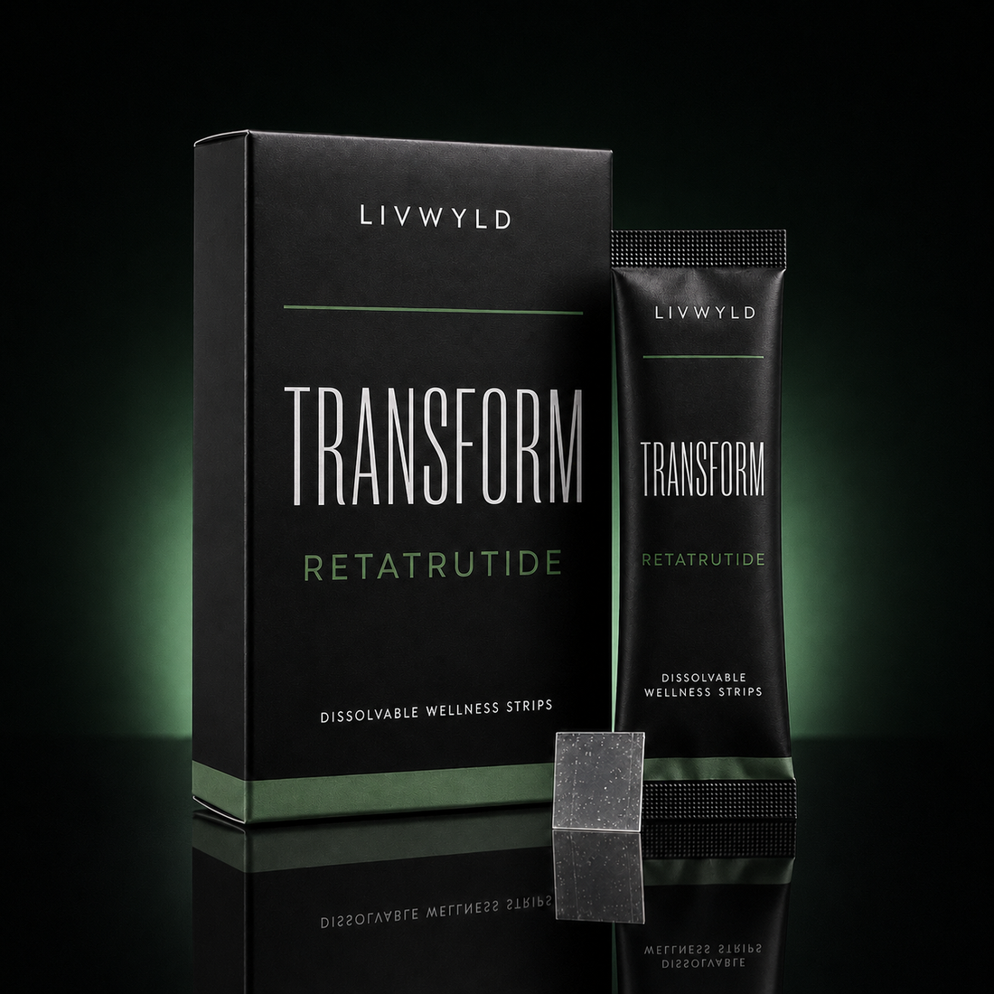 A black LIVWYLD Transform Retatrutide wellness strip box and matching sachet on a dark reflective surface, with a small translucent square wellness strip in front.